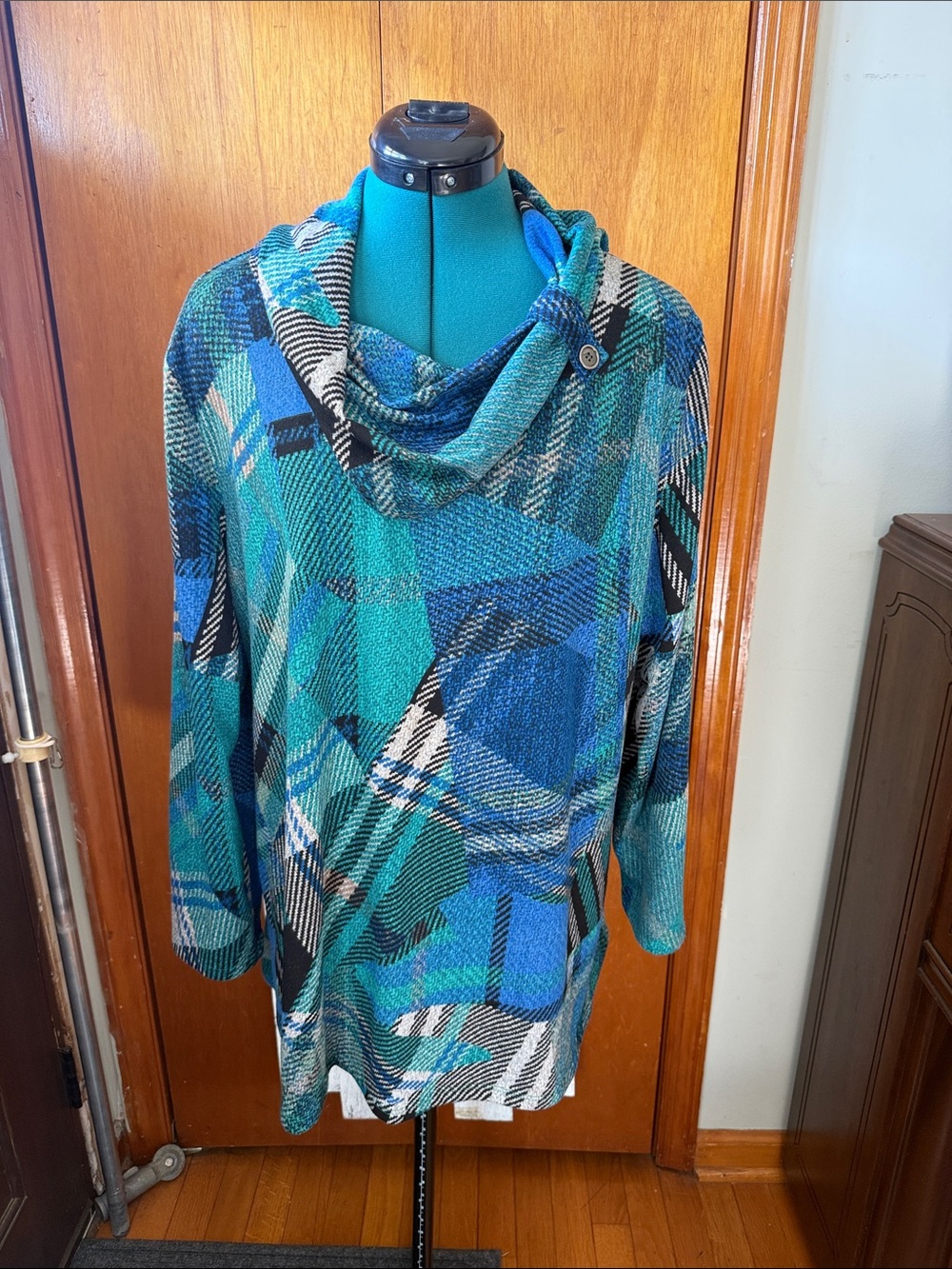 Southern Lady Teal & Blue Plaid Cowl Neck Sweater